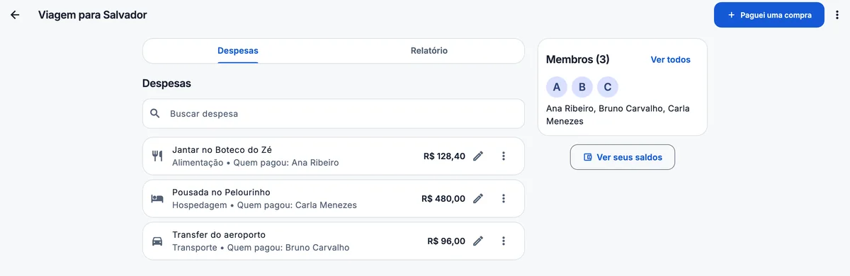 O DividirContas aberto no computador, no grupo “Viagem para Salvador”: as despesas de jantar, pousada e transfer com quem pagou cada uma, e o painel de membros ao lado.