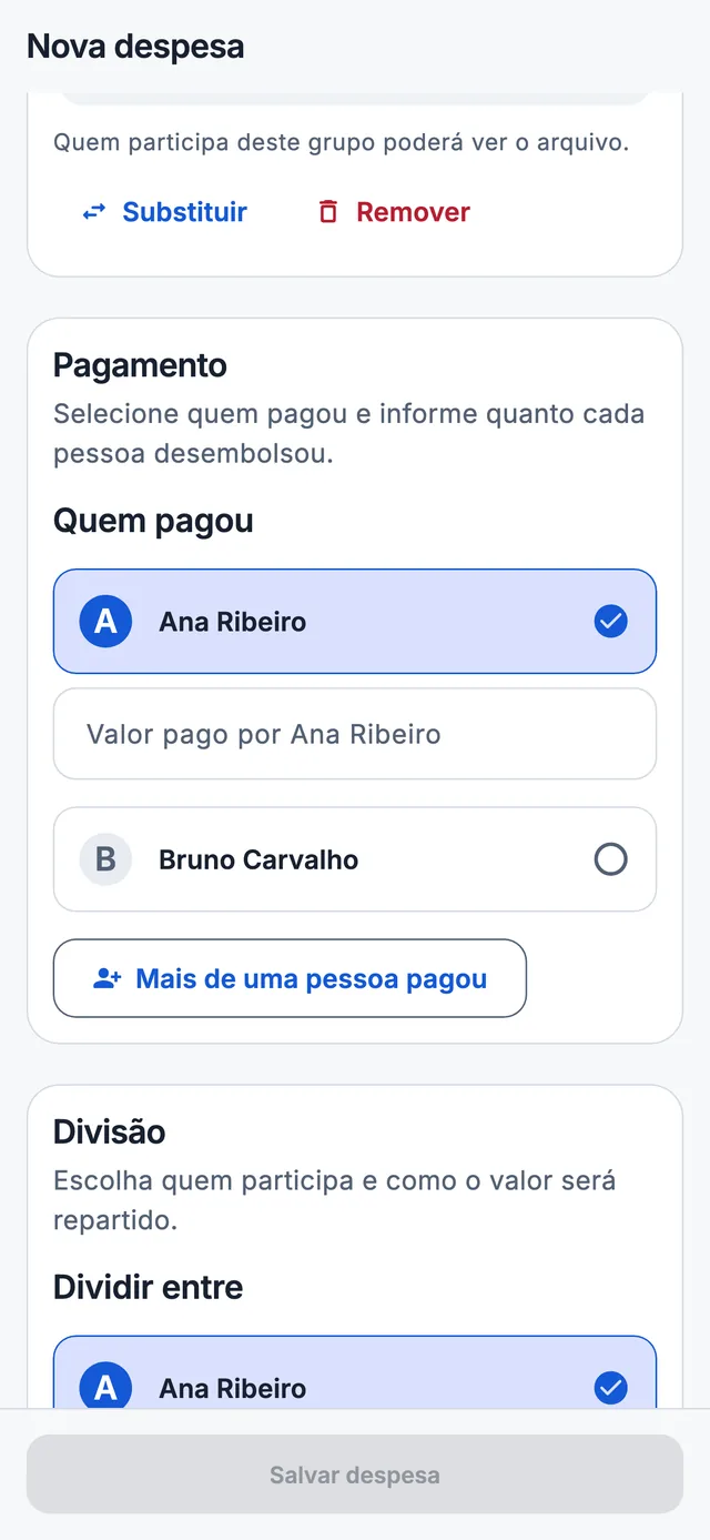 Editor de despesa do DividirContas com a nota anexada, o aviso de que quem participa do grupo poderá ver o arquivo e as ações de substituir ou remover.